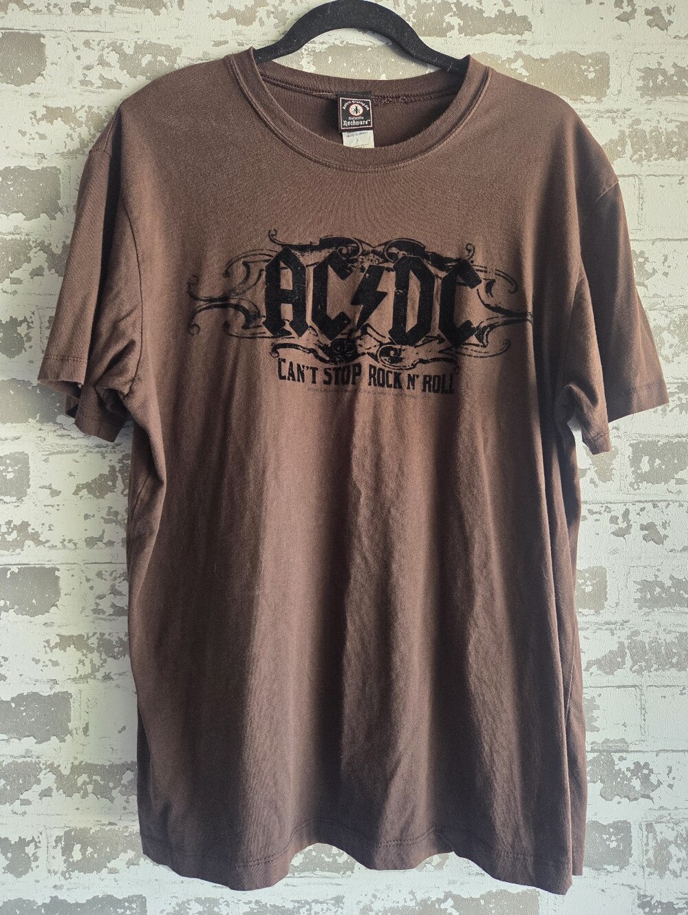 AC/DC Cant Stop Rock N Roll Vintage Band Tee L Brown